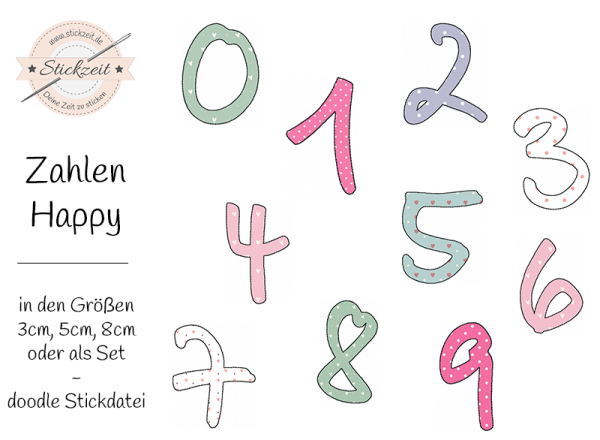 Zahlen Happy - doodle Stickdatei